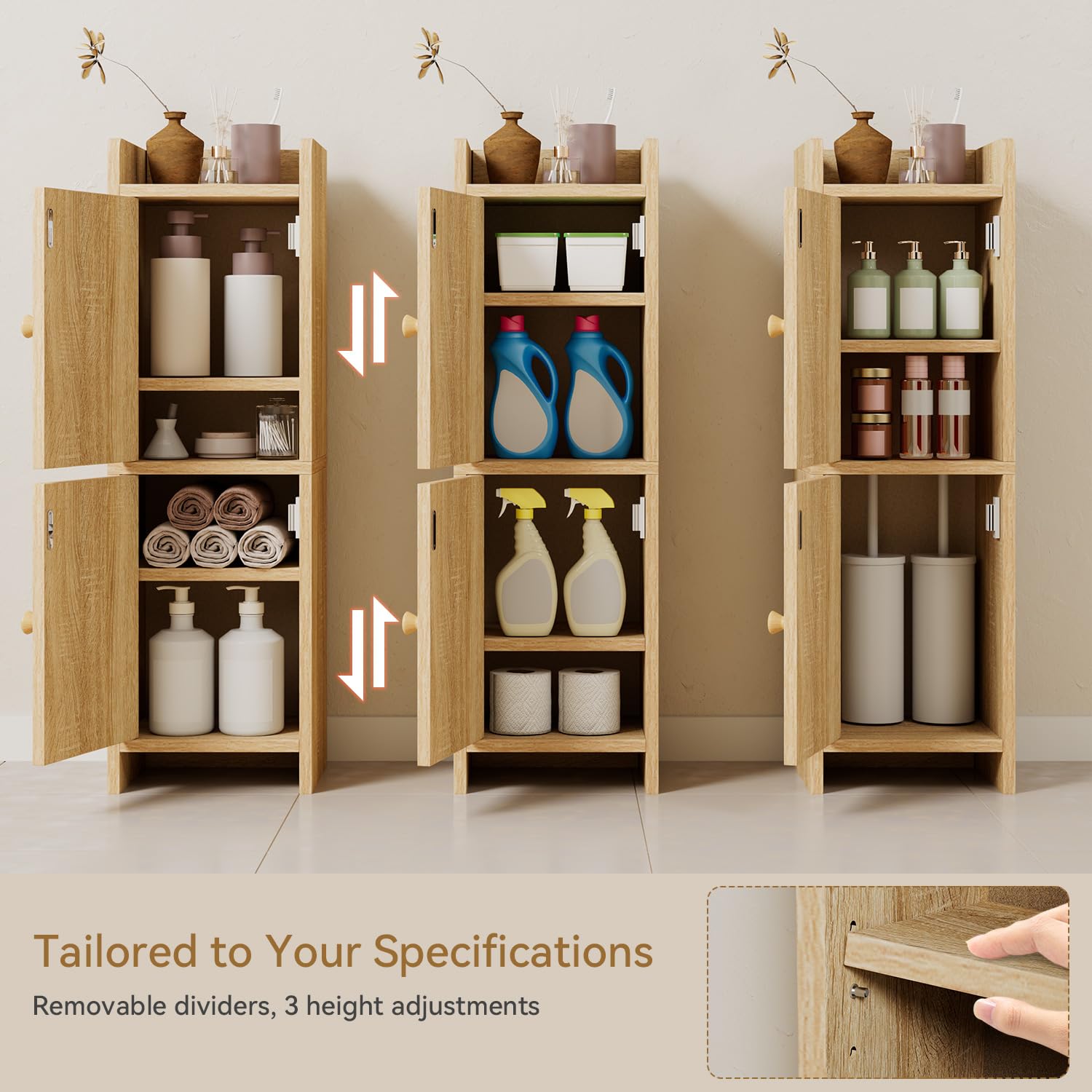 IBUYKE floor cabinet with adjustable shelves showing flexible storage height