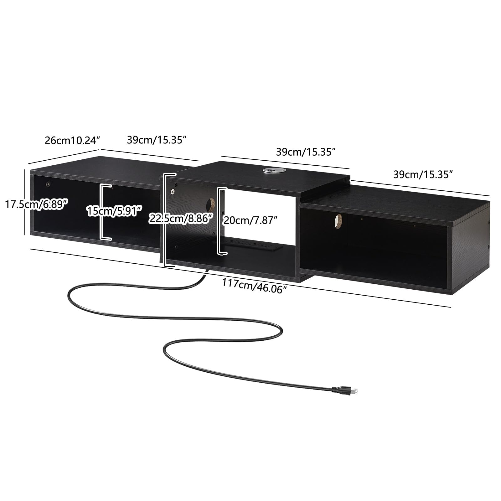 IBUYKE recessed power strip with four outlets powers TV and devices.