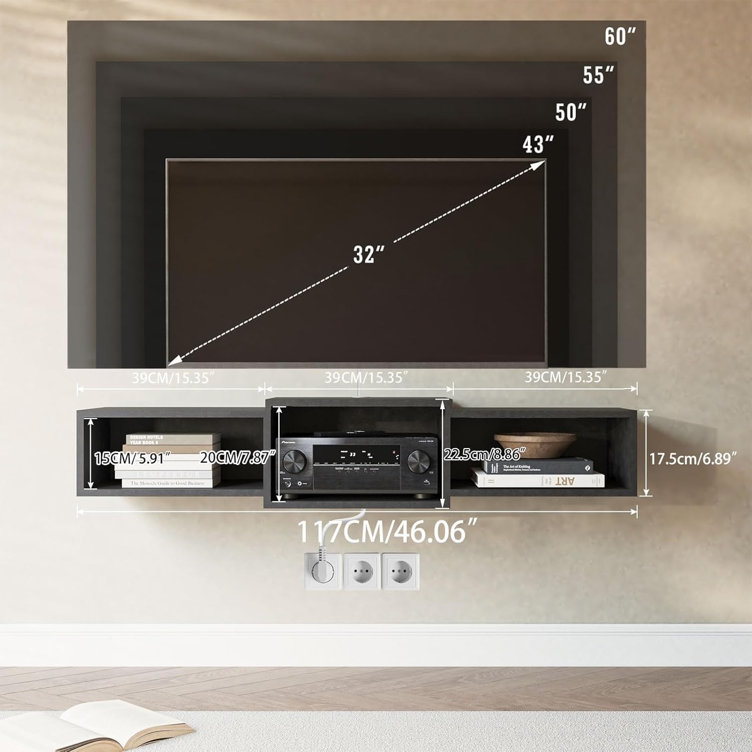 IBUYKE wall-mounted storage with cable management holes hides wires neatly.