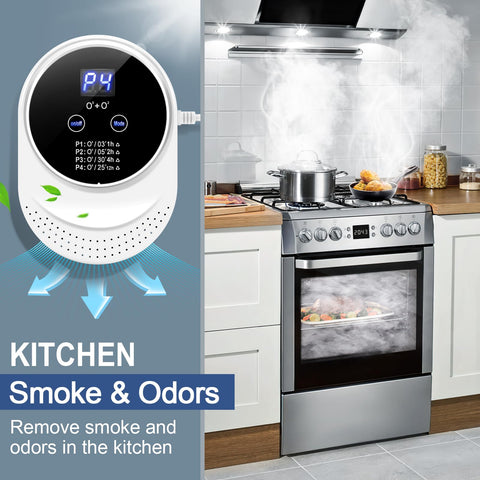 ICARE ozone odor eliminator plugged in during operation for rapid control.
