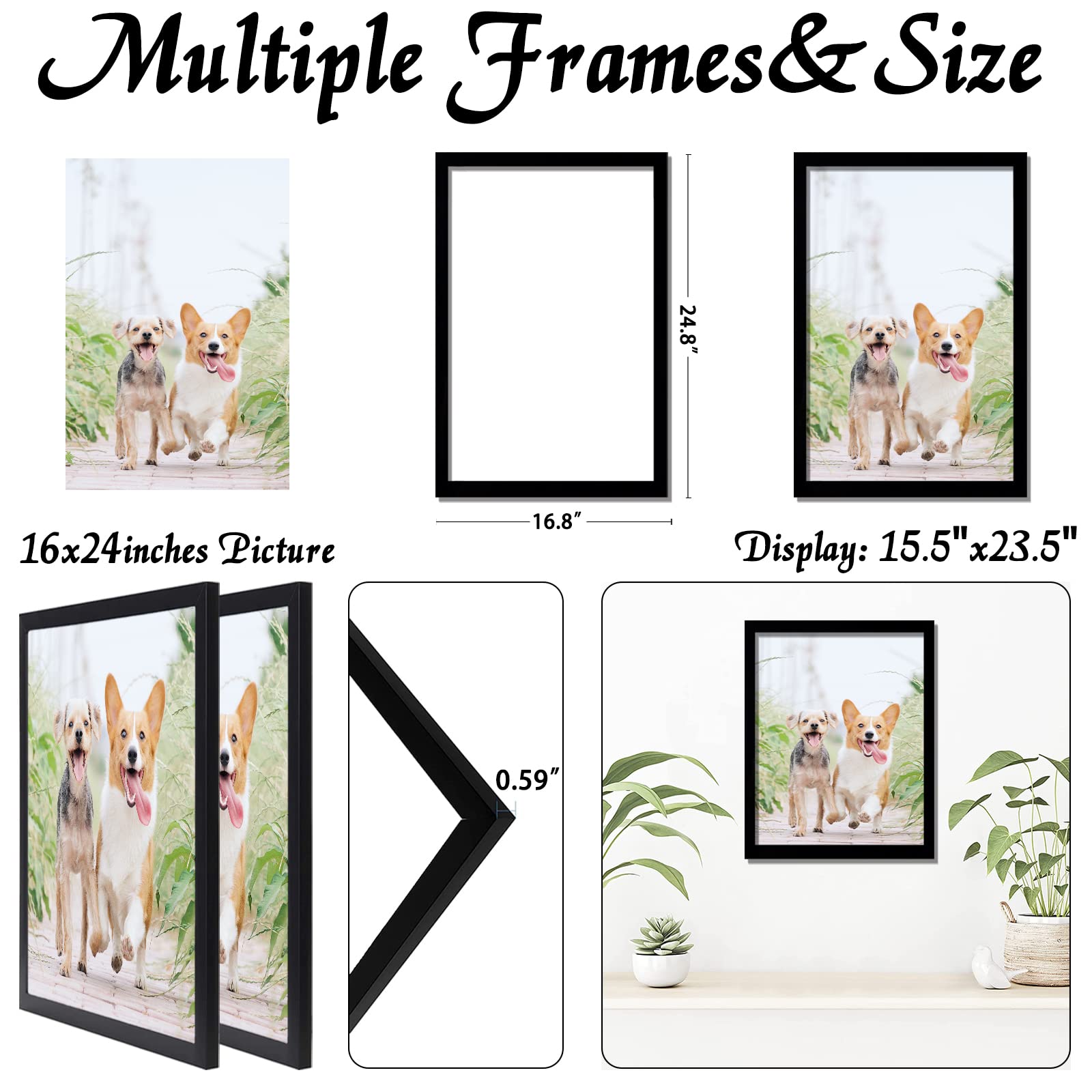 Icariery 16x24 black frames wall-mount setup in portrait or landscape orientation.