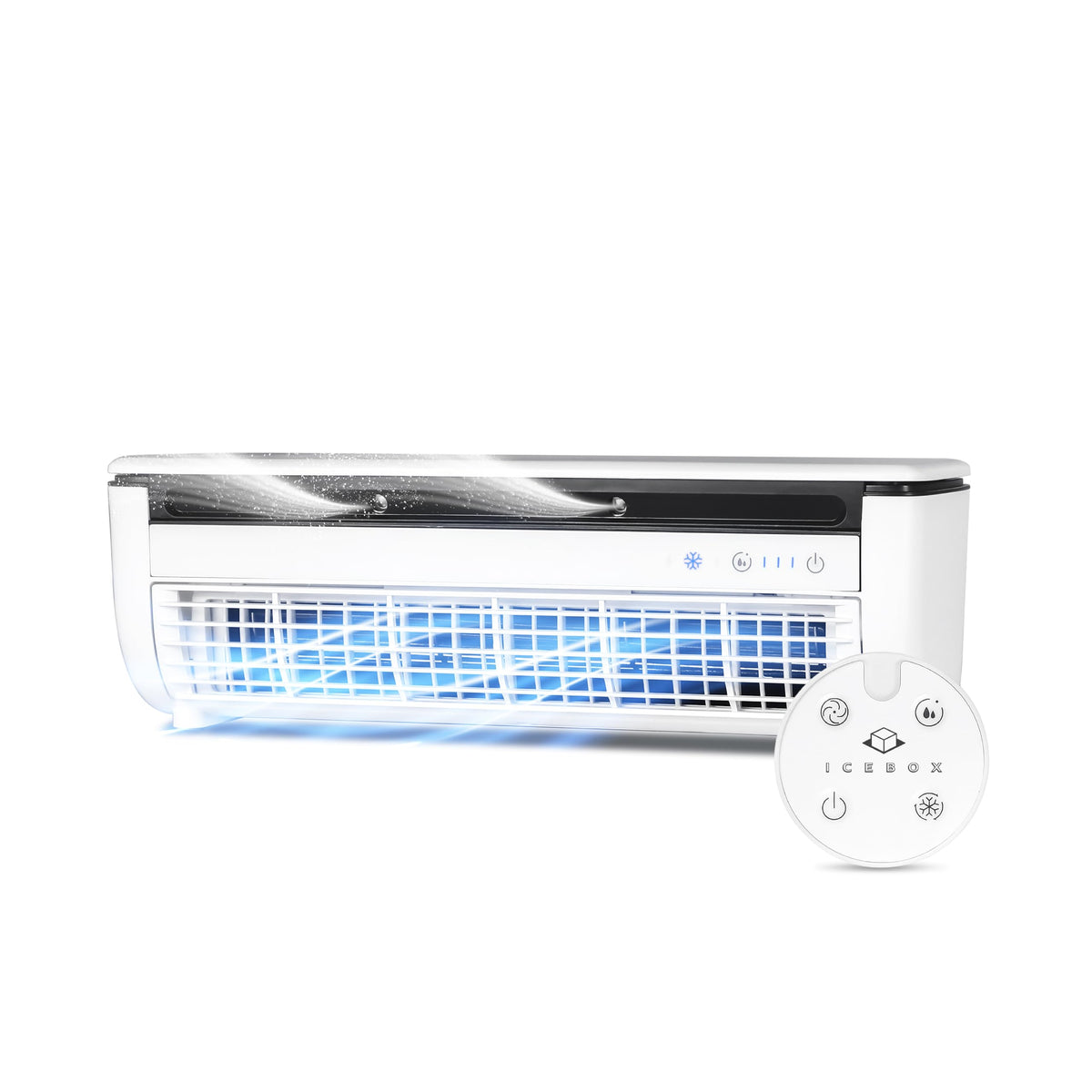 IceBox Cooling Mist Fan front view showing compact desk design for portable cooling
