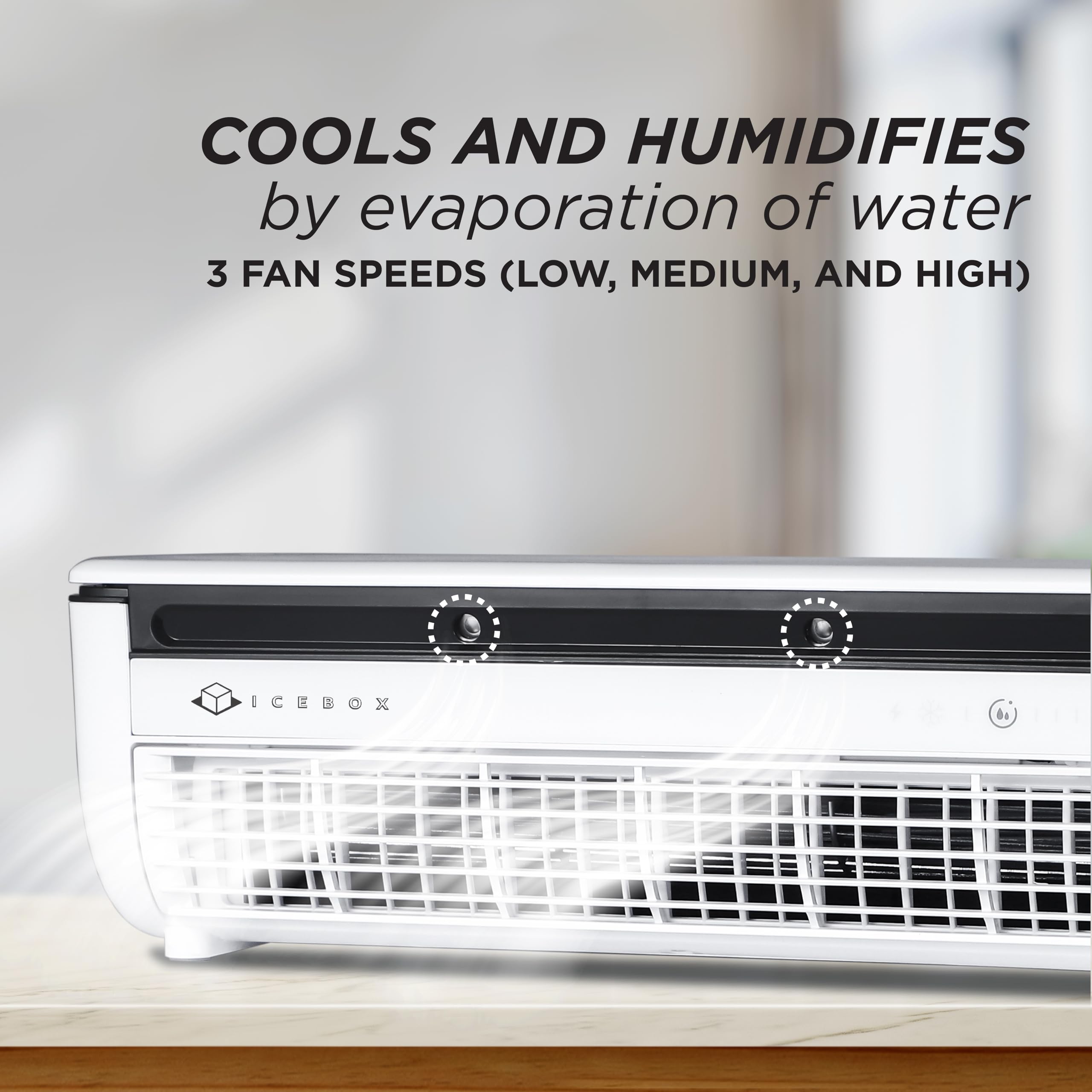 IceBox Cooling Mist Fan side view highlighting slim profile and mist feature