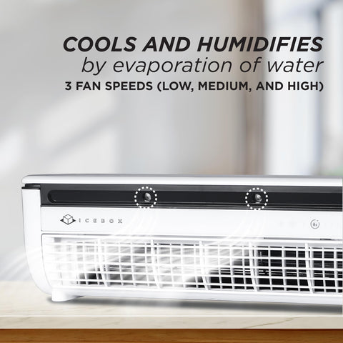 IceBox Cooling Mist Fan side view highlighting slim profile and mist feature