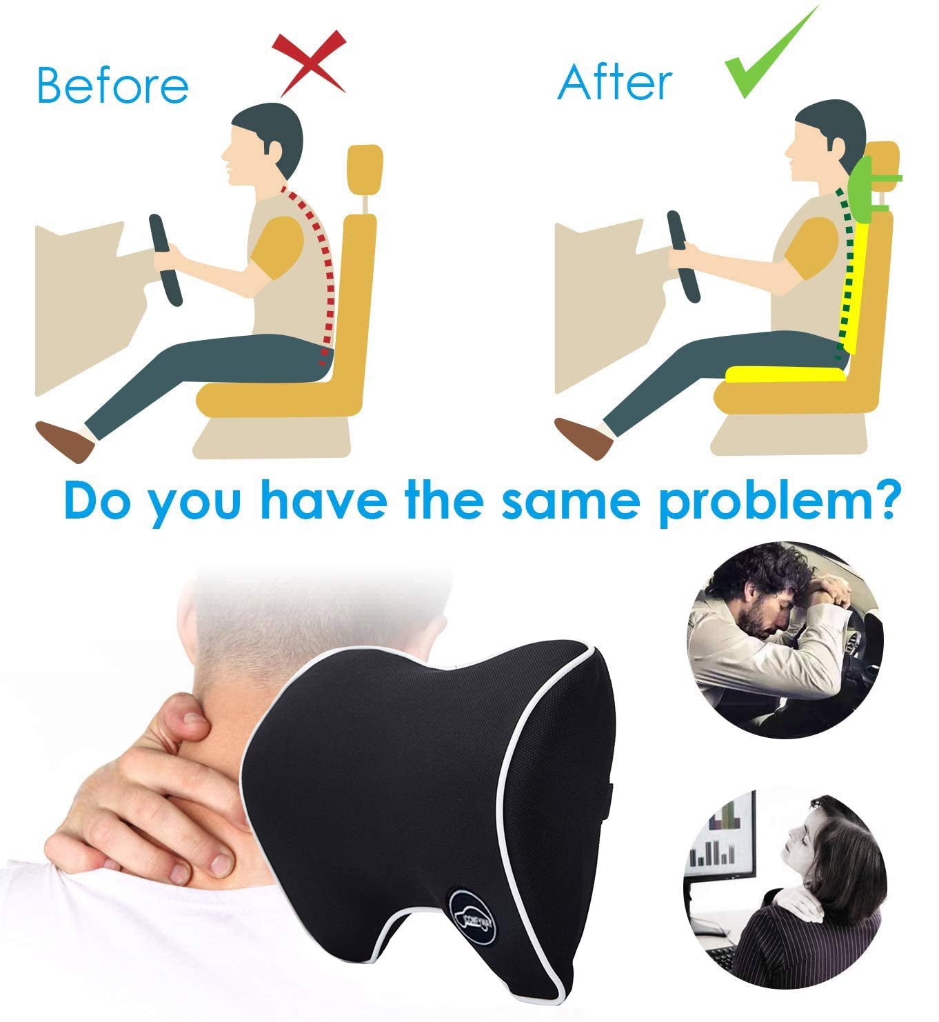 ICOMFYWAY memory foam headrest shows ergonomic curve for stable neck alignment on journeys.