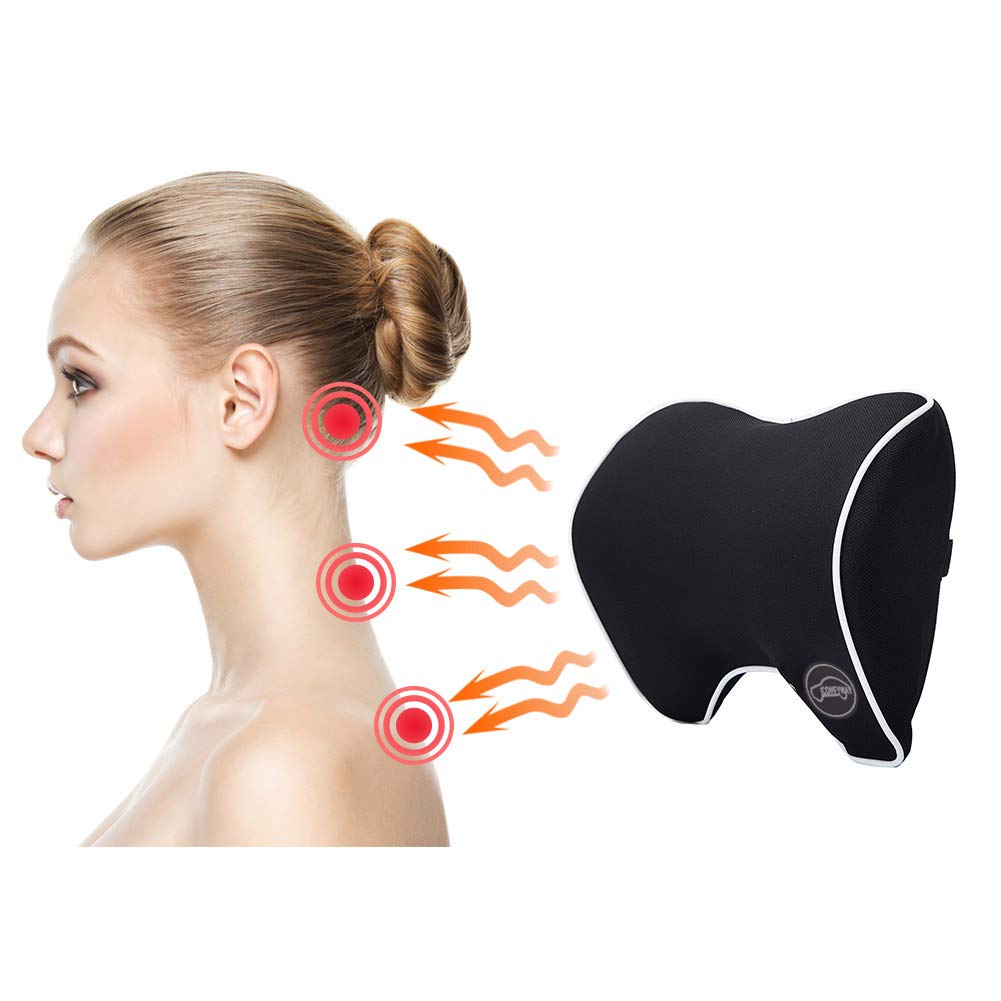 ICOMFYWAY neck relief pillow on car seat demonstrated for comfortable travel.