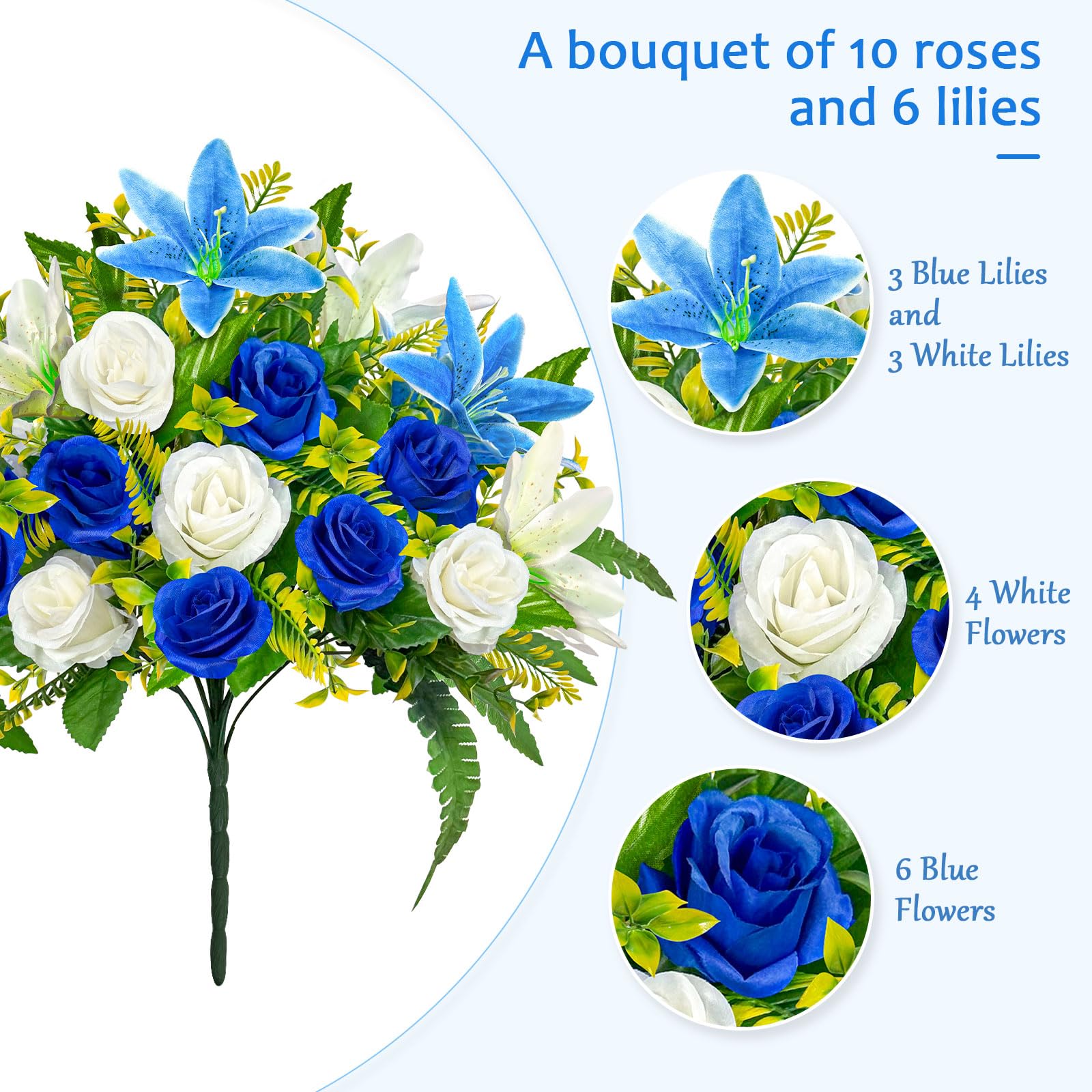 ICX blue and white roses with lilies bouquet, fade-resistant color.