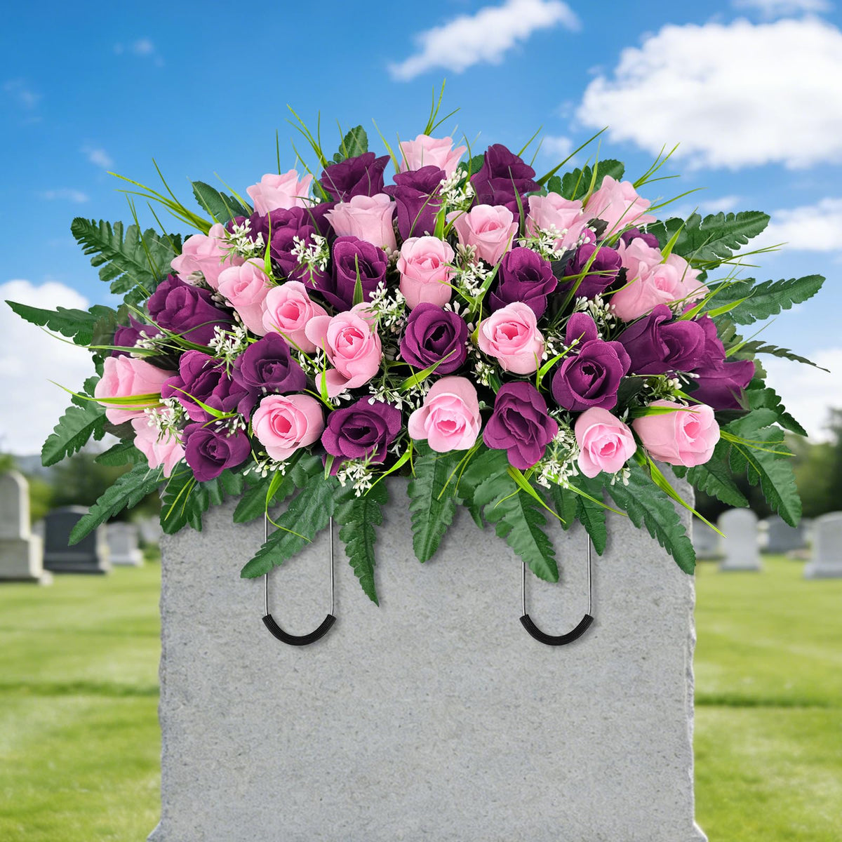 ICX cemetery headstone saddle with pink roses for lasting grave decor
