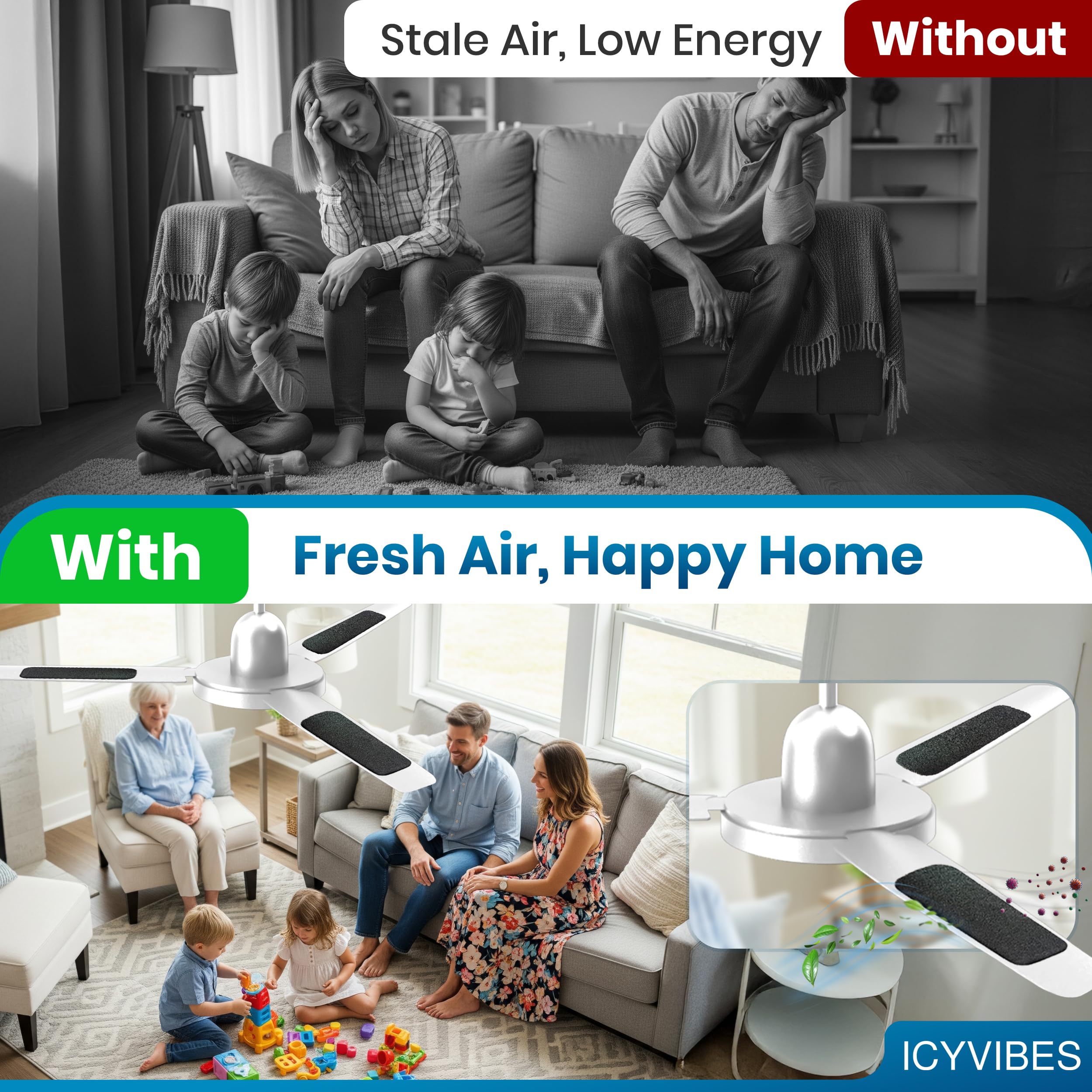 ICYVIBES activated-carbon pads cover vent reducing odors while the fan runs