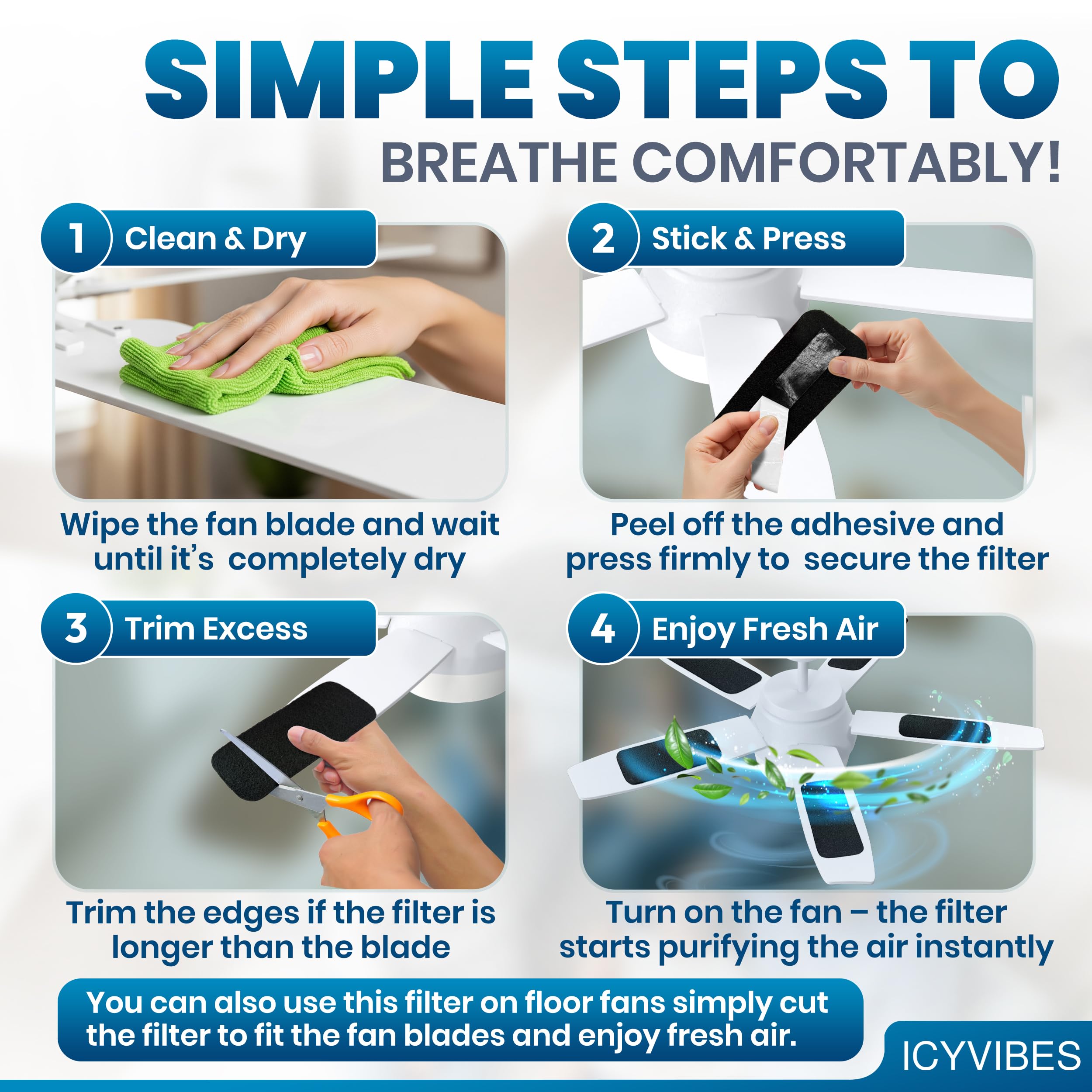 ICYVIBES blade-coverage reduces visible dust on fan surfaces