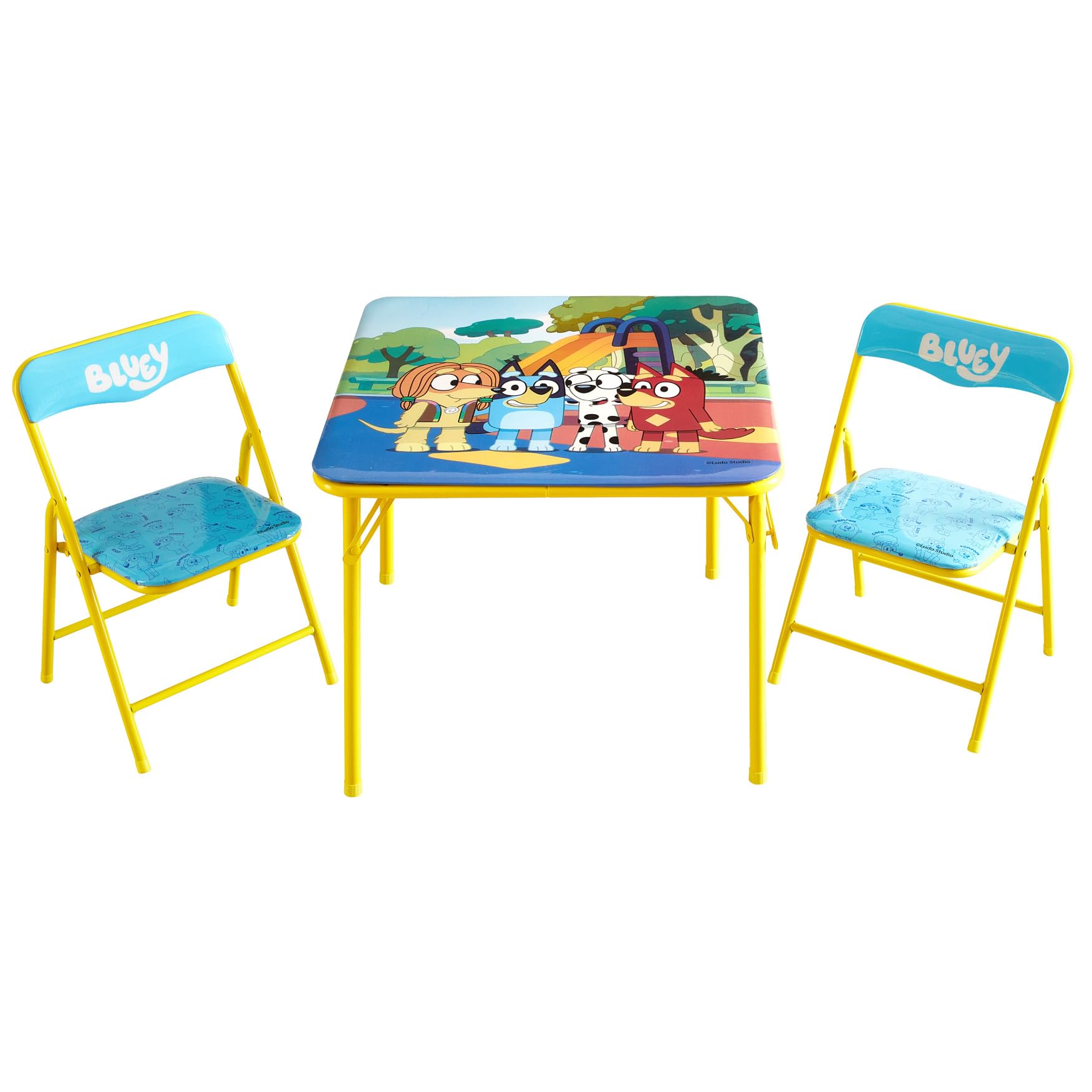 Idea Nuova Bluey folding table in a bright playroom for easy storage.