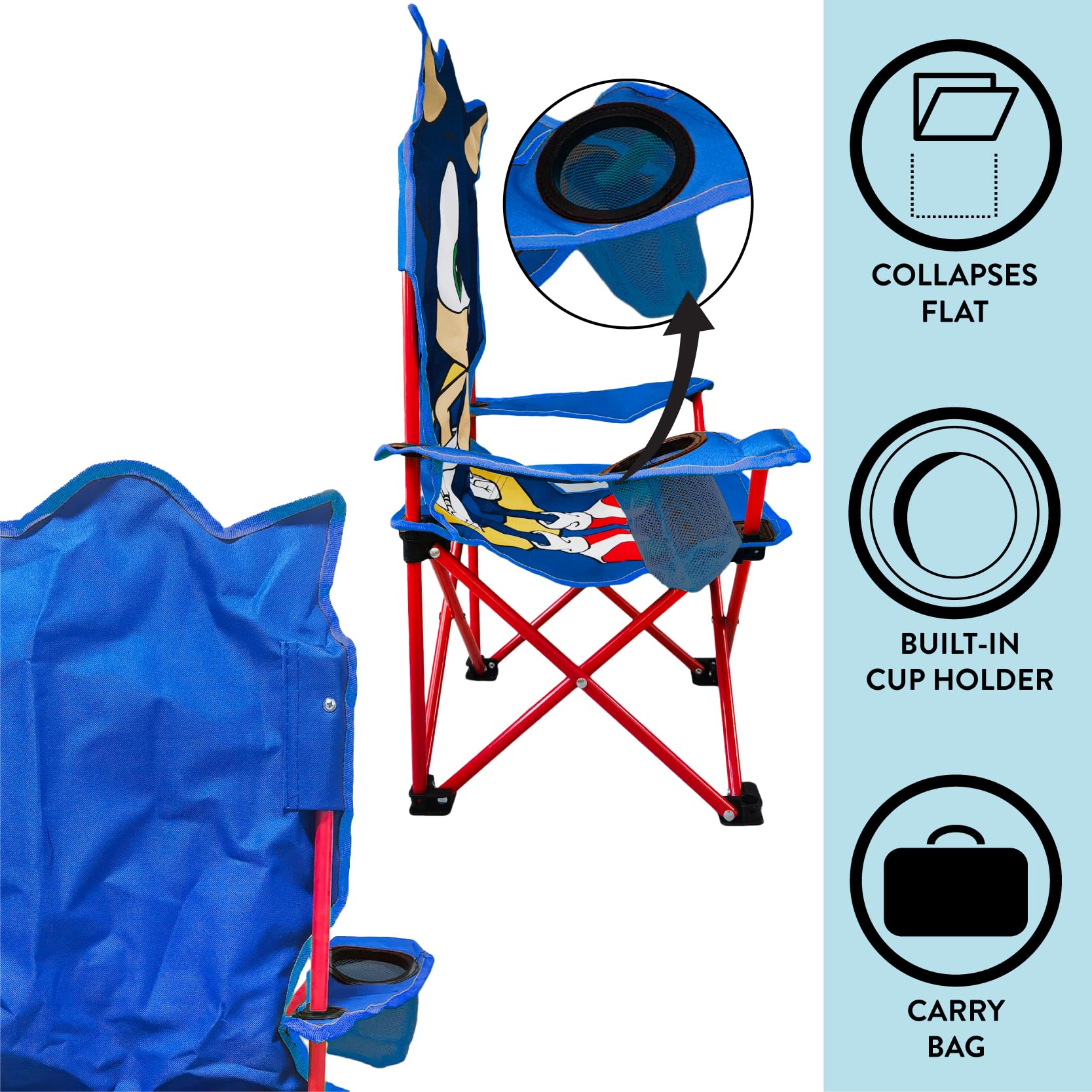 Idea Nuova Sonic figural camp chair featuring a cup holder in the right arm for drinks.