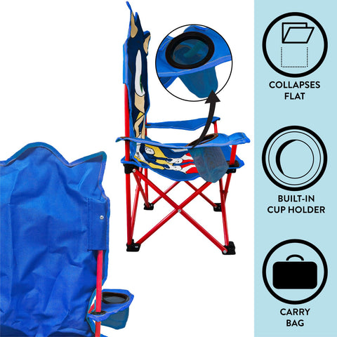 Idea Nuova Sonic figural camp chair featuring a cup holder in the right arm for drinks.