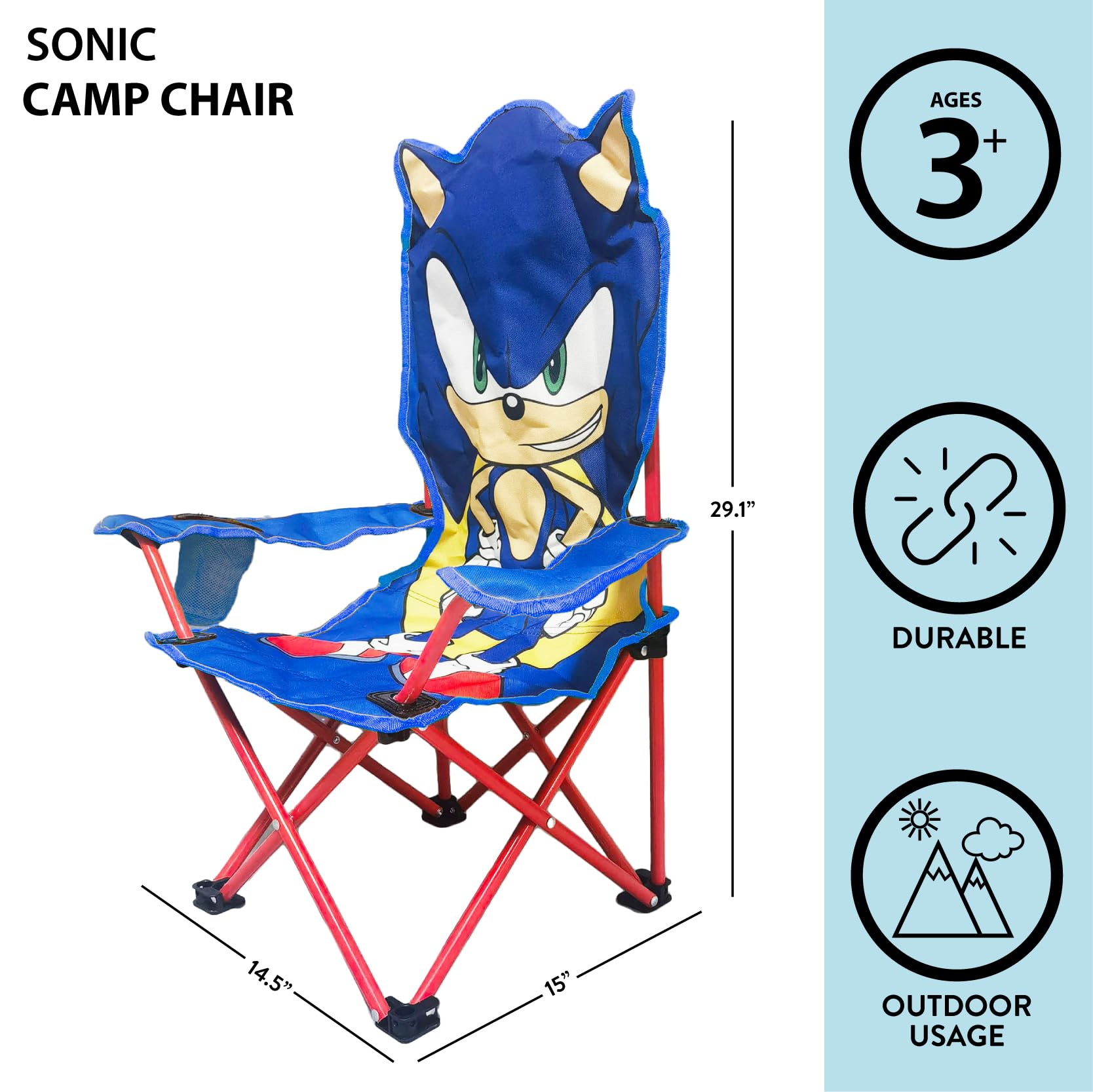 Idea Nuova Sonic figural camp chair showing high back and arm supports for comfort.