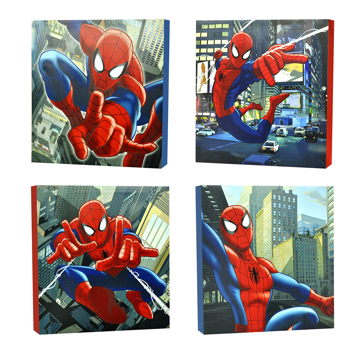 Idea Nuova Spider-Man 4-piece canvas panel for kids' rooms with bold action imagery.