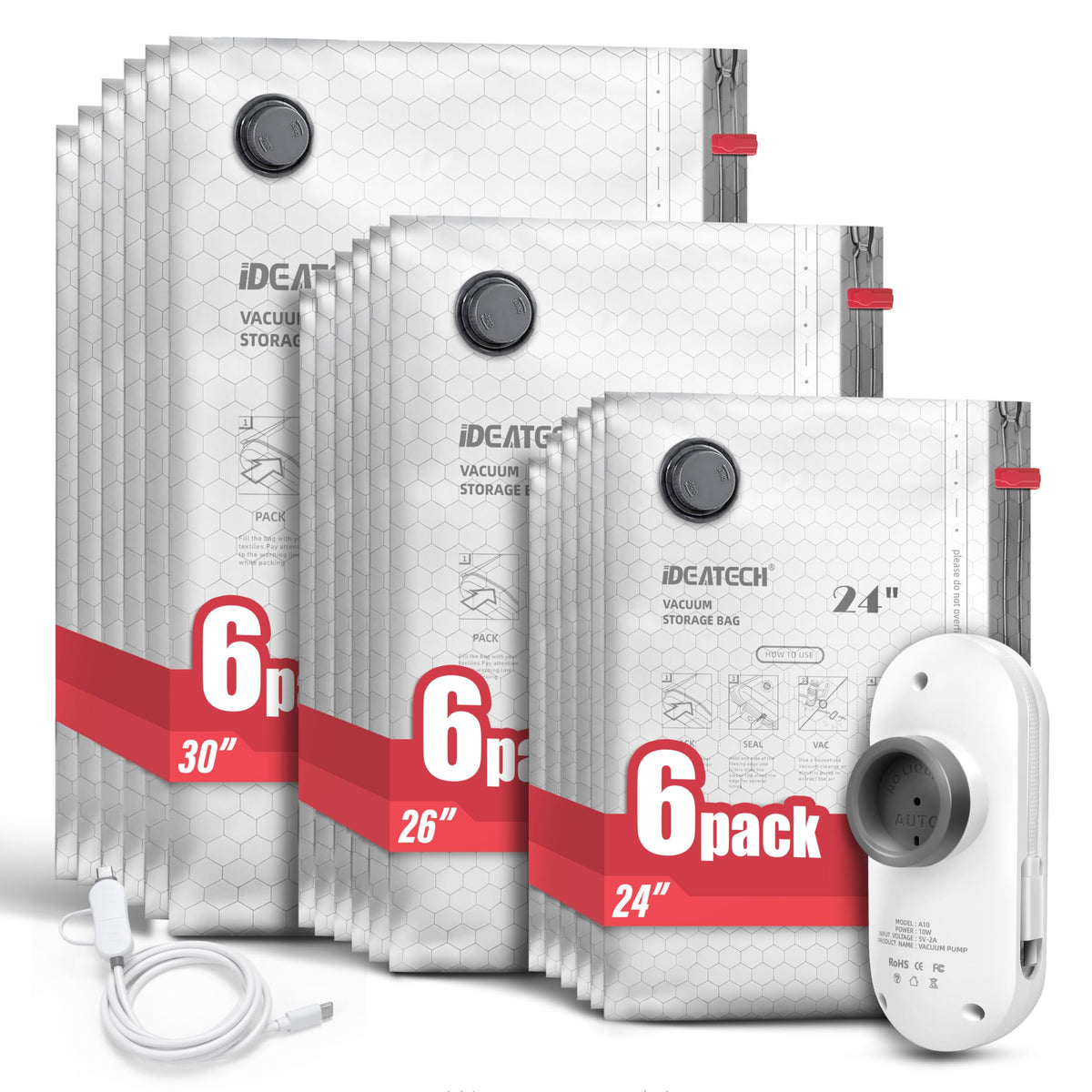 IDEATECH 18Pack vacuum bags with USB pump for travel convenience.