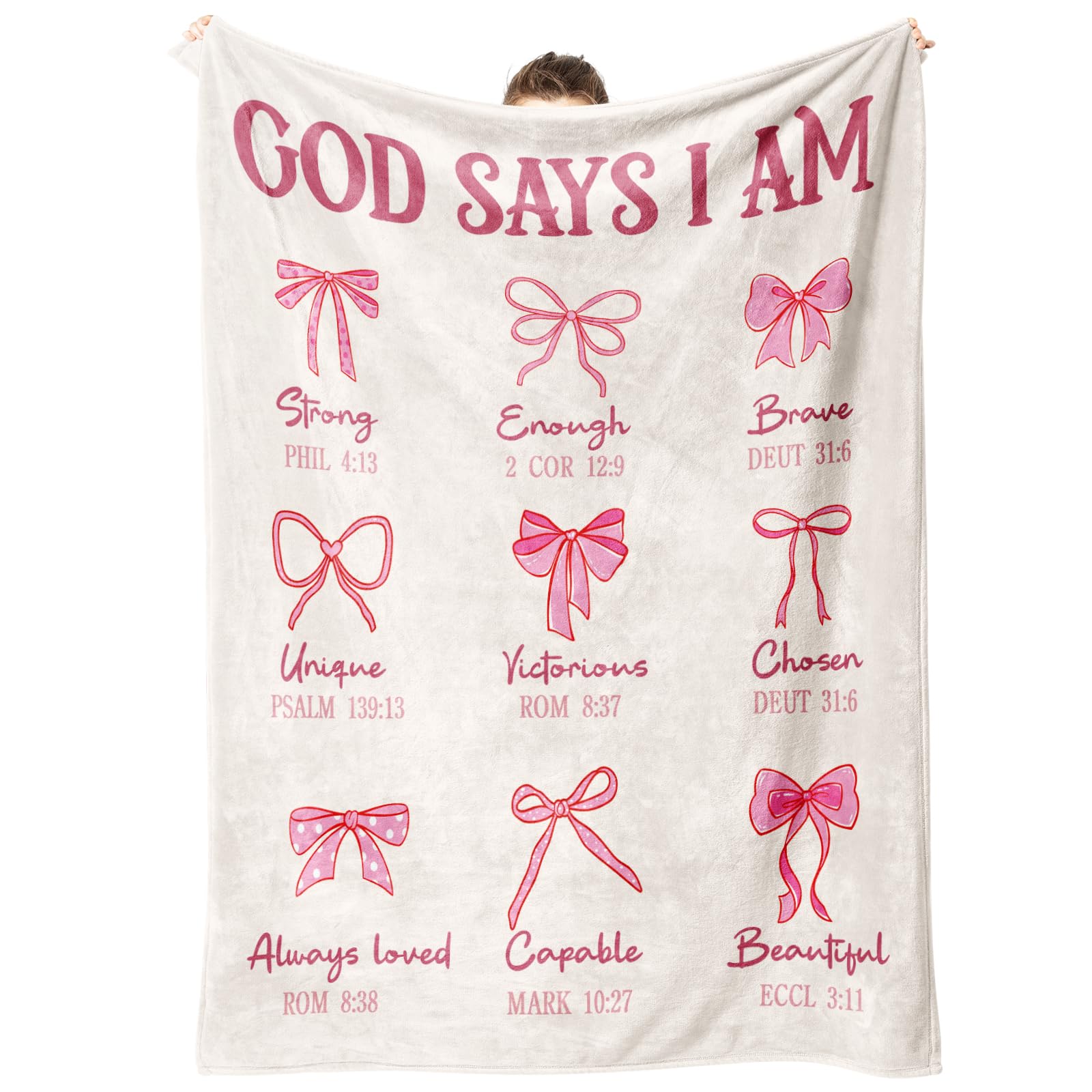 IDELTIME God Says I Am pink bow blanket in soft fabric for comforting faith-filled moments.