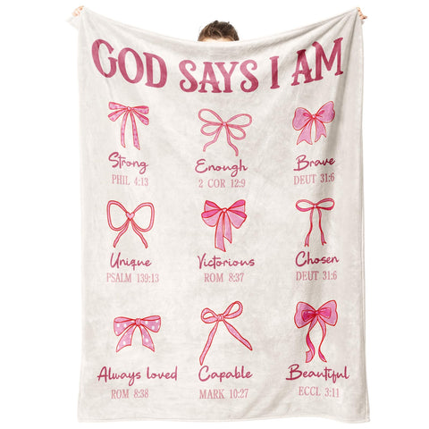 IDELTIME God Says I Am pink bow blanket in soft fabric for comforting faith-filled moments.