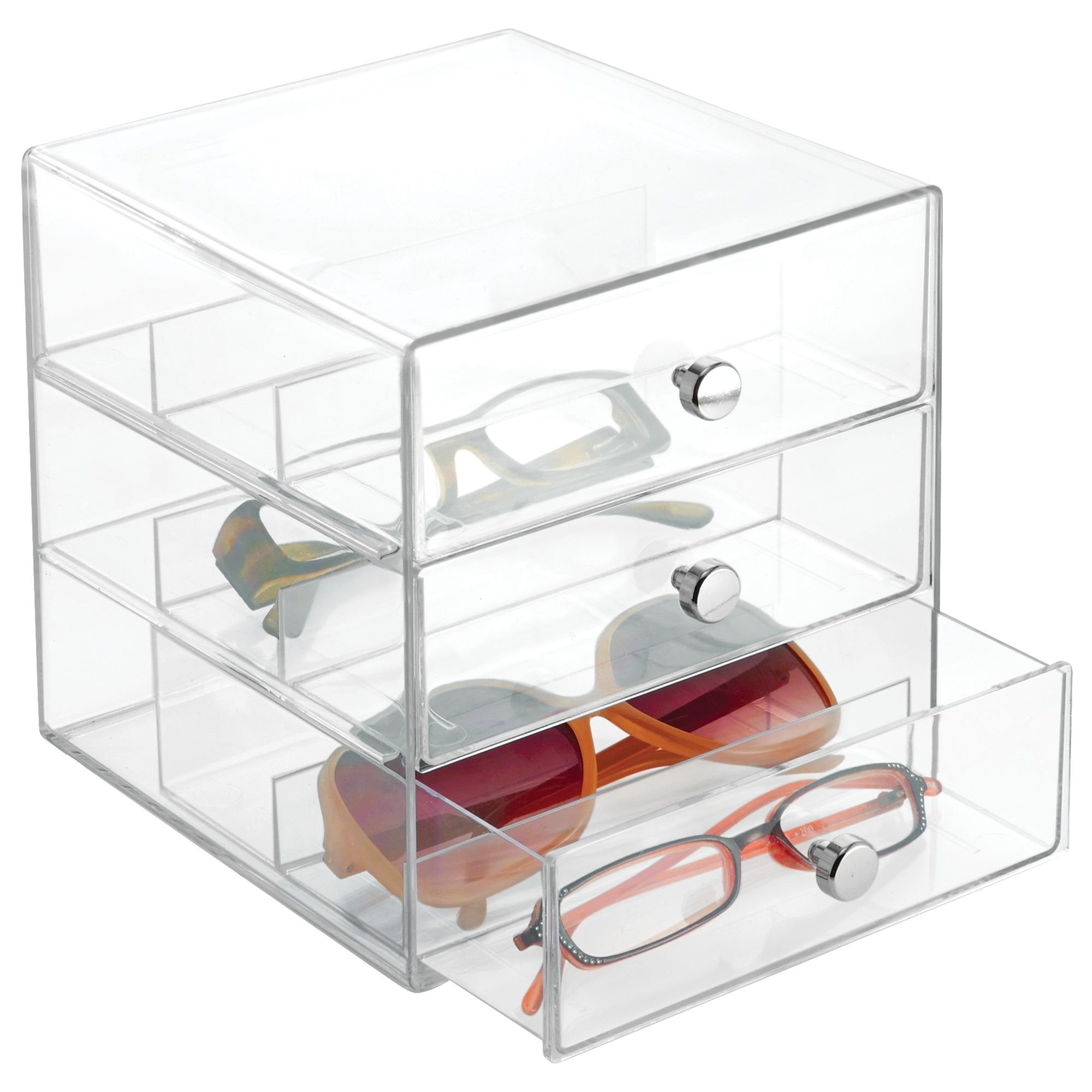 idesign 3-drawer vanity organizer front view shows clear compartments for easy visibility.