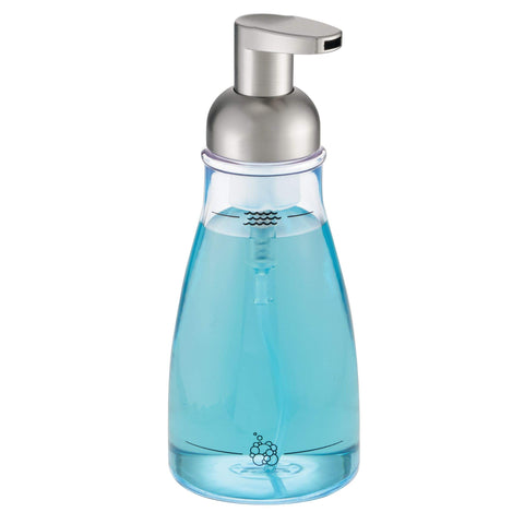 iDesign foaming soap dispenser front view with clear bottle and nickel pump