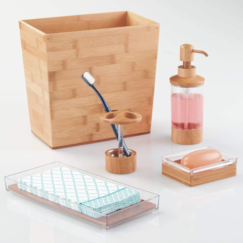 idesign Formbu bamboo rectangular waste bin in a bathroom setup for tidy trash disposal