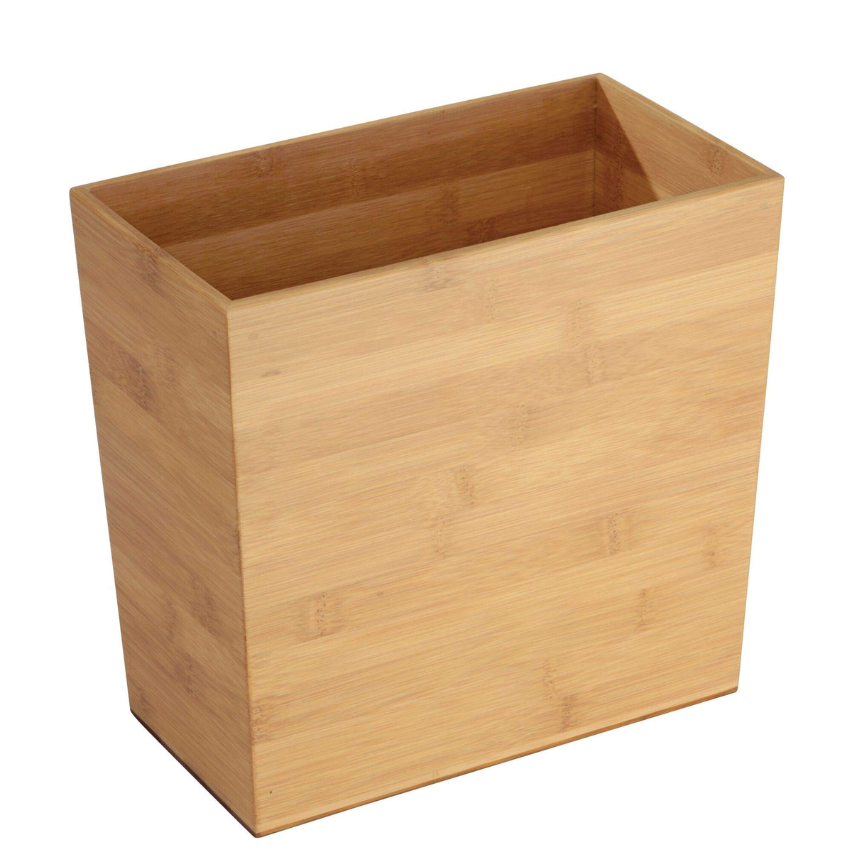 idesign Formbu bamboo rectangular waste bin front view in natural wood finish, space-saving design
