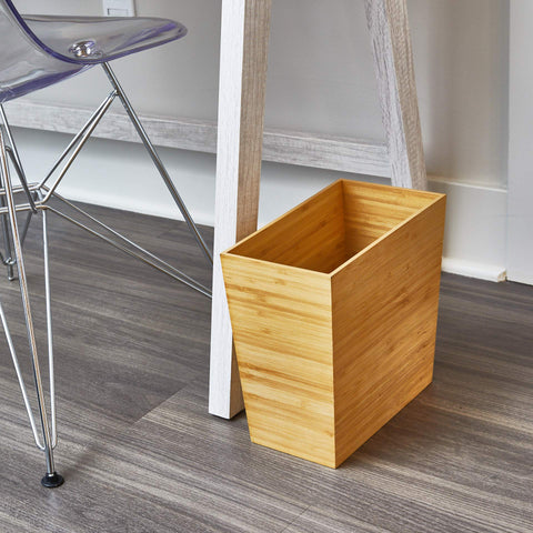 idesign Formbu bamboo rectangular waste bin top view highlighting natural wood grain for stylish storage