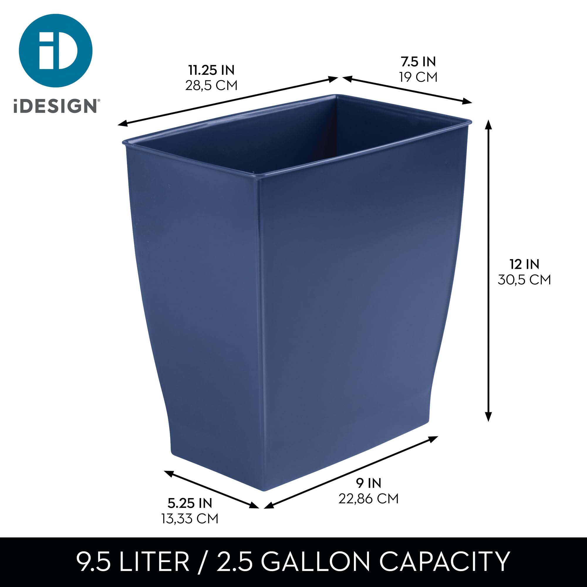 iDesign Mono trash can in navy blue is placed inside a cabinet for storage.