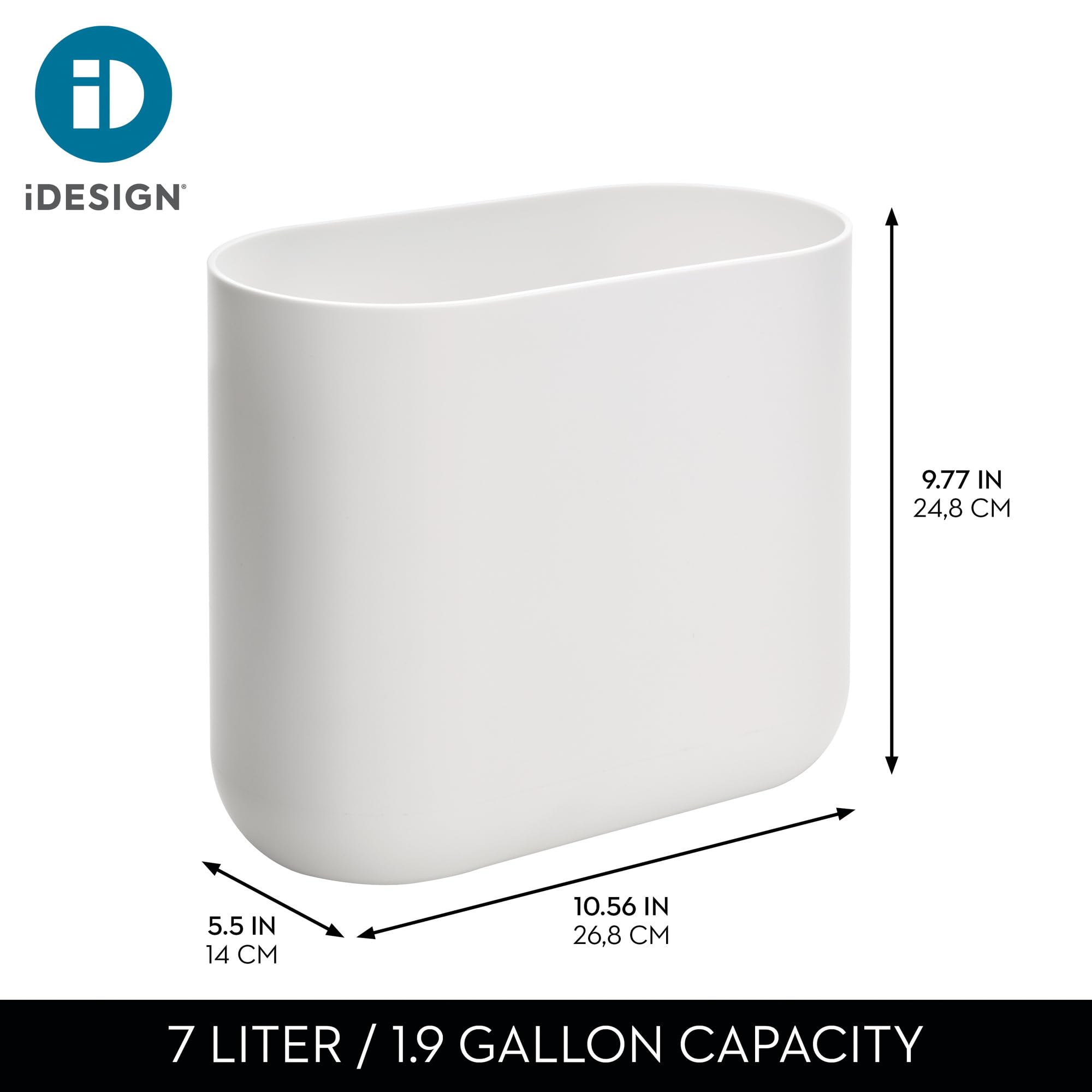 iDesign slim trash can beside the bed keeps small messes organized