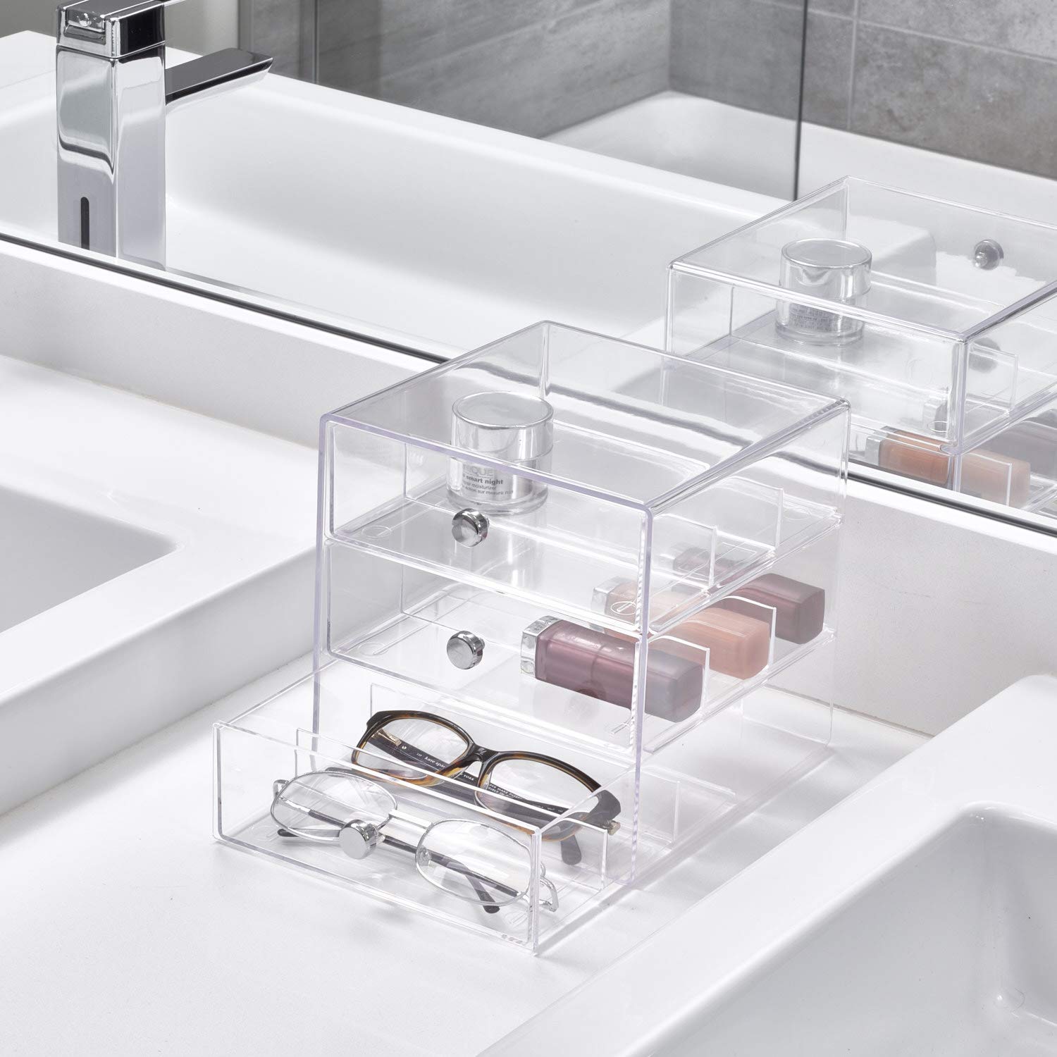 idesign 3-drawer vanity organizer drawer open reveals organized makeup and eyewear access.