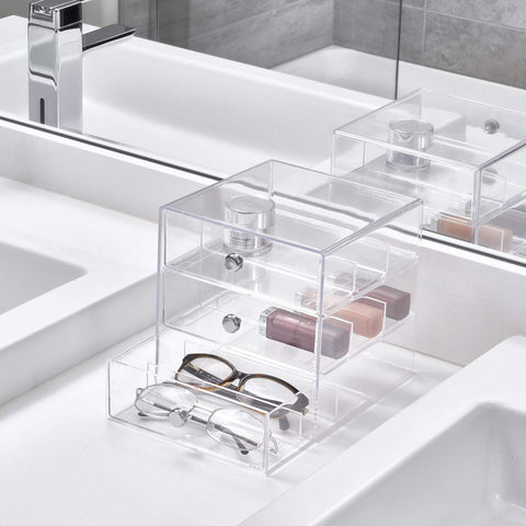 idesign 3-drawer vanity organizer drawer open reveals organized makeup and eyewear access.
