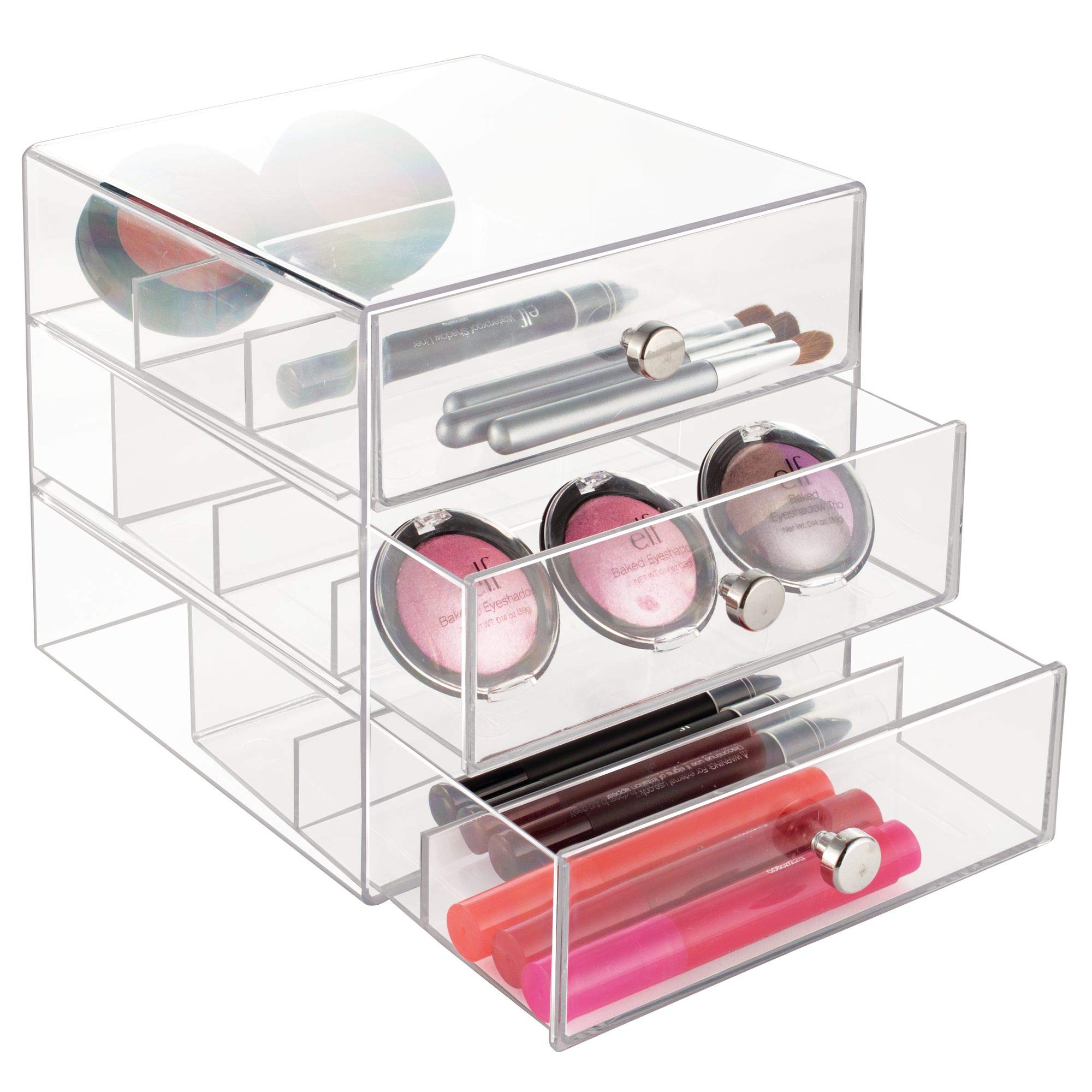 idesign vanity organizer on bathroom counter keeps glasses and jewelry neatly visible.