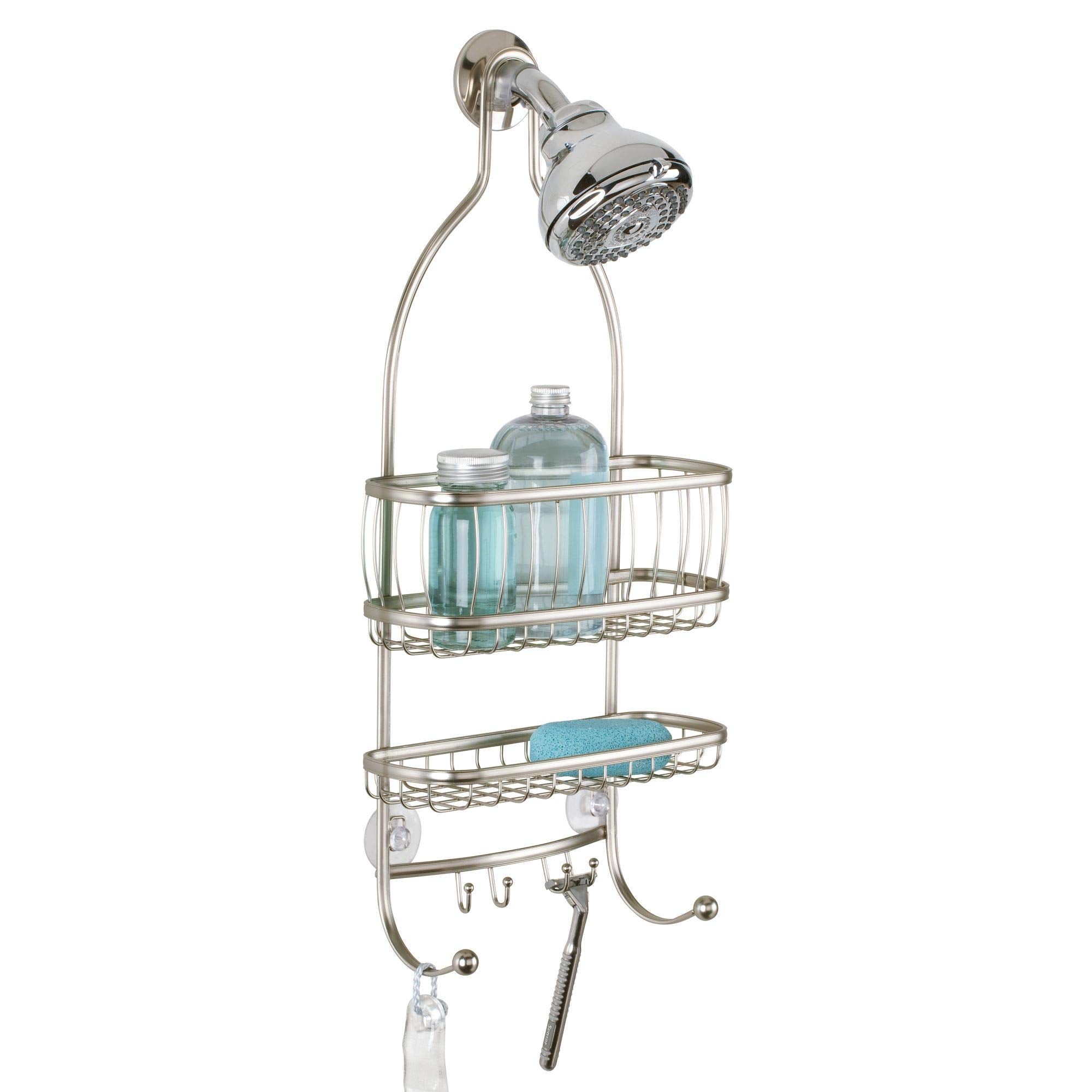 iDesign York satin silver finish on rust-resistant metal for durable bathroom storage.