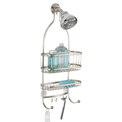 iDesign York satin silver finish on rust-resistant metal for durable bathroom storage.