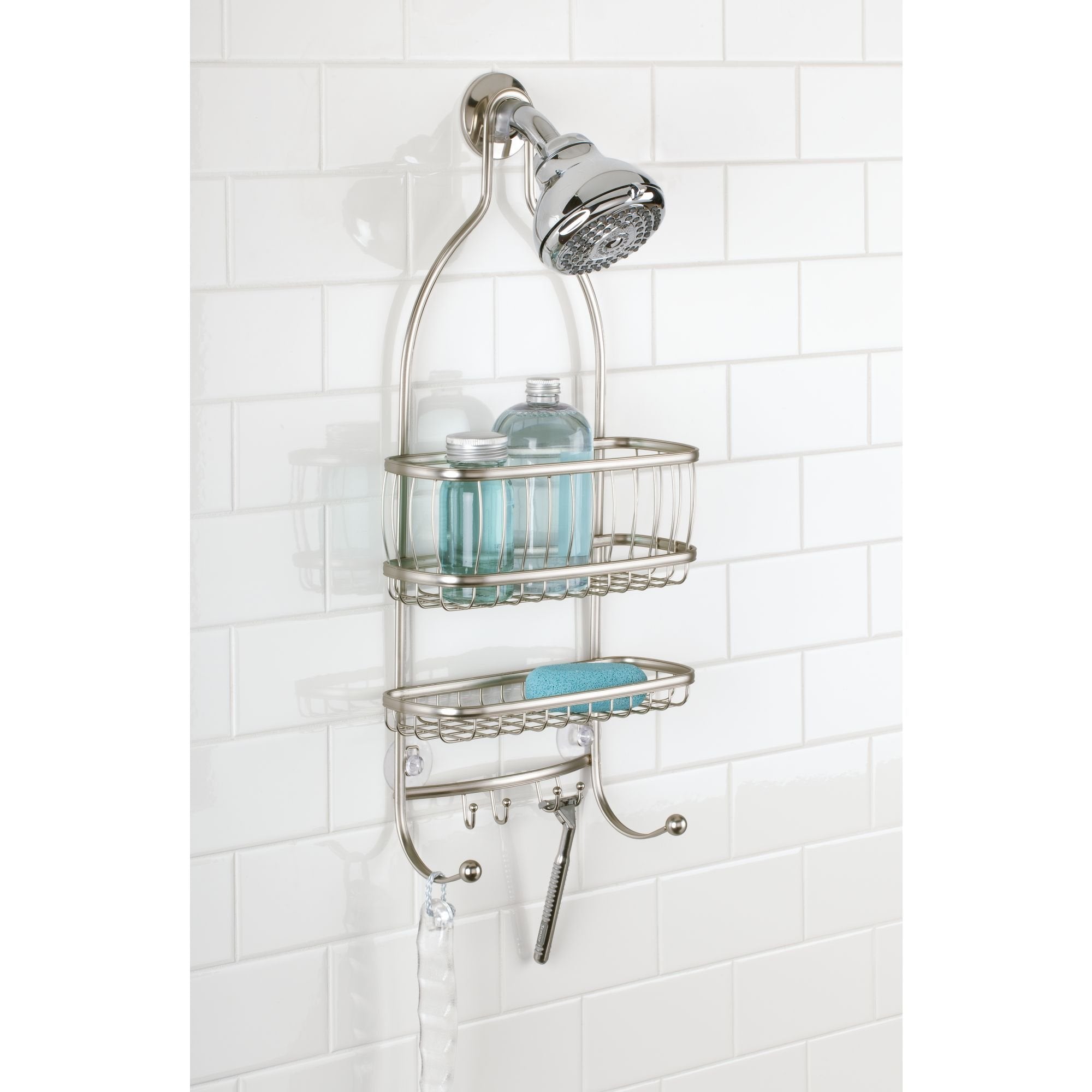 iDesign York caddy with lower hooks keeps razors, washcloths, and loofahs within reach.