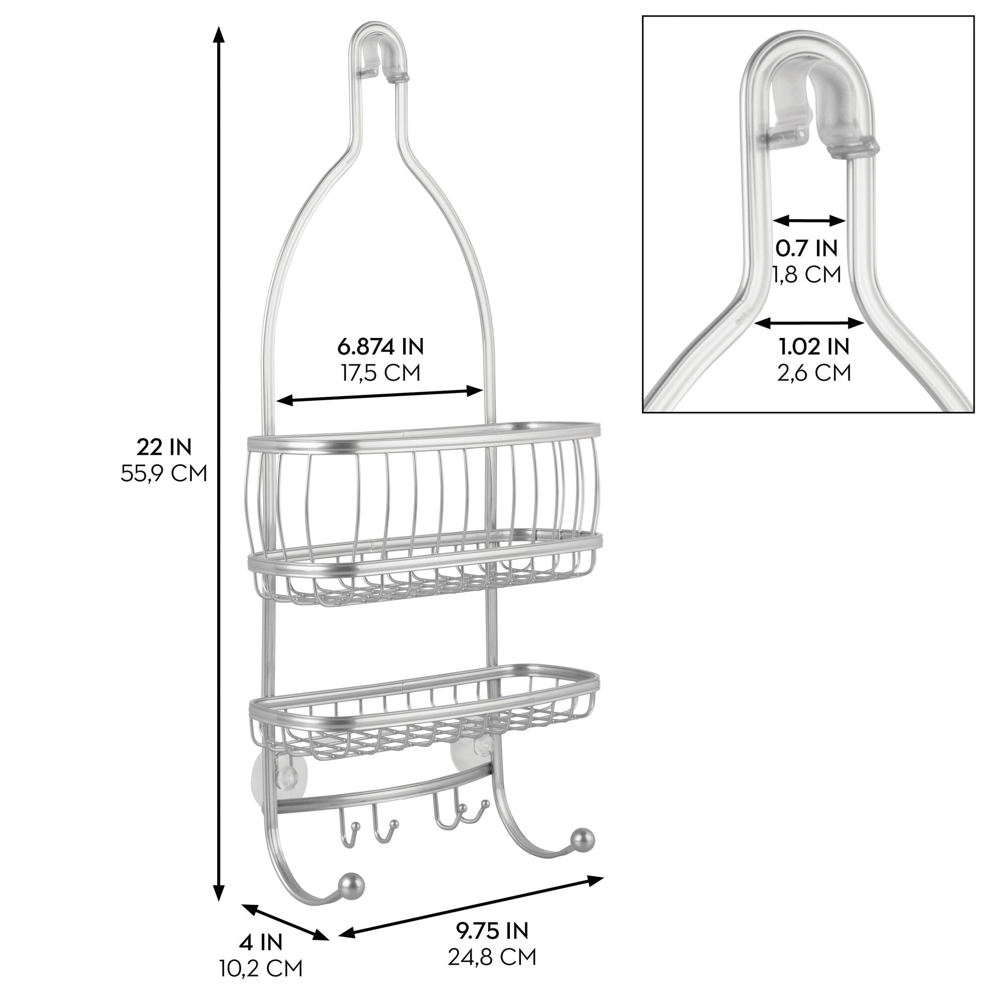 iDesign York shower caddy with two racks keeps shampoo, conditioner, and soap organized.