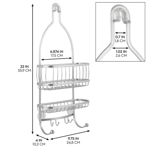 iDesign York shower caddy with two racks keeps shampoo, conditioner, and soap organized.