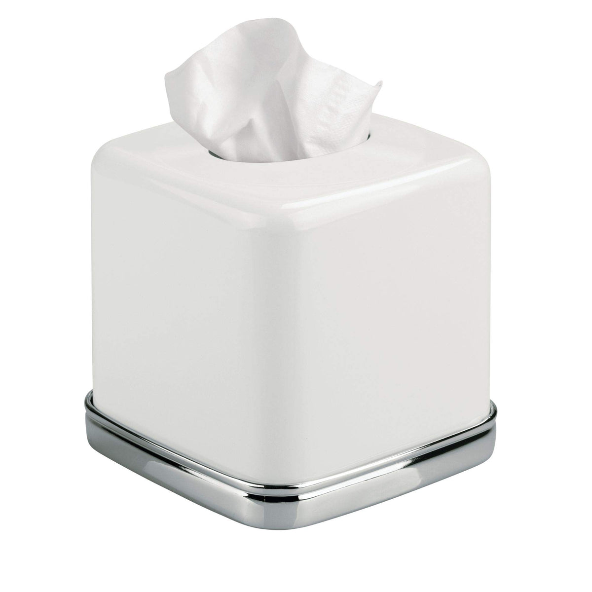 idesign York tissue box cover chrome and white, front view on vanity