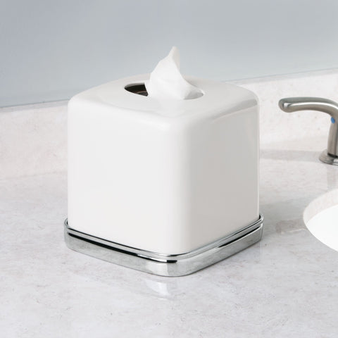 idesign York tissue box cover chrome and white, side angle with non-slip base