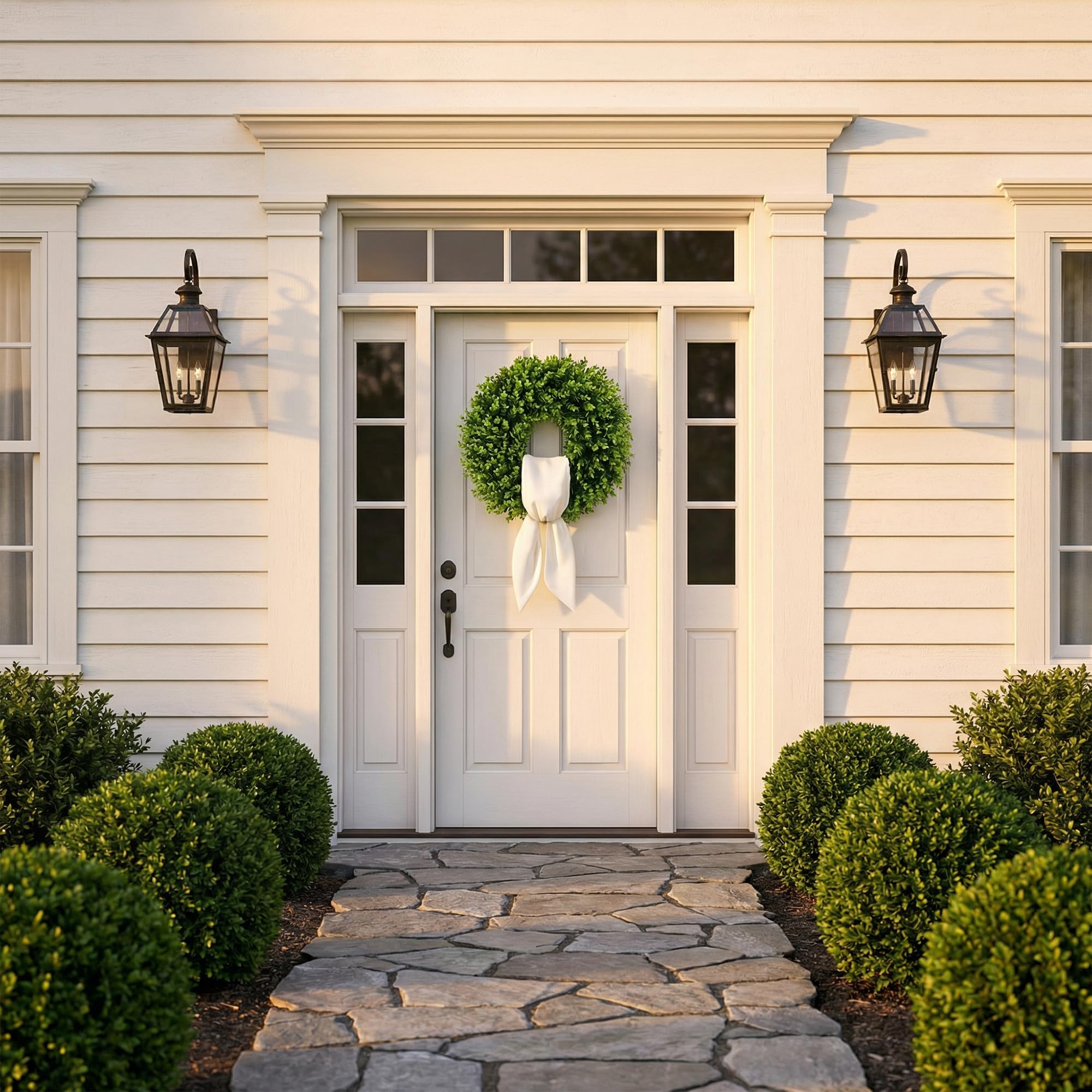 IDOGliitte boxwood wreath with bow and sash enhances curb appeal for any season.