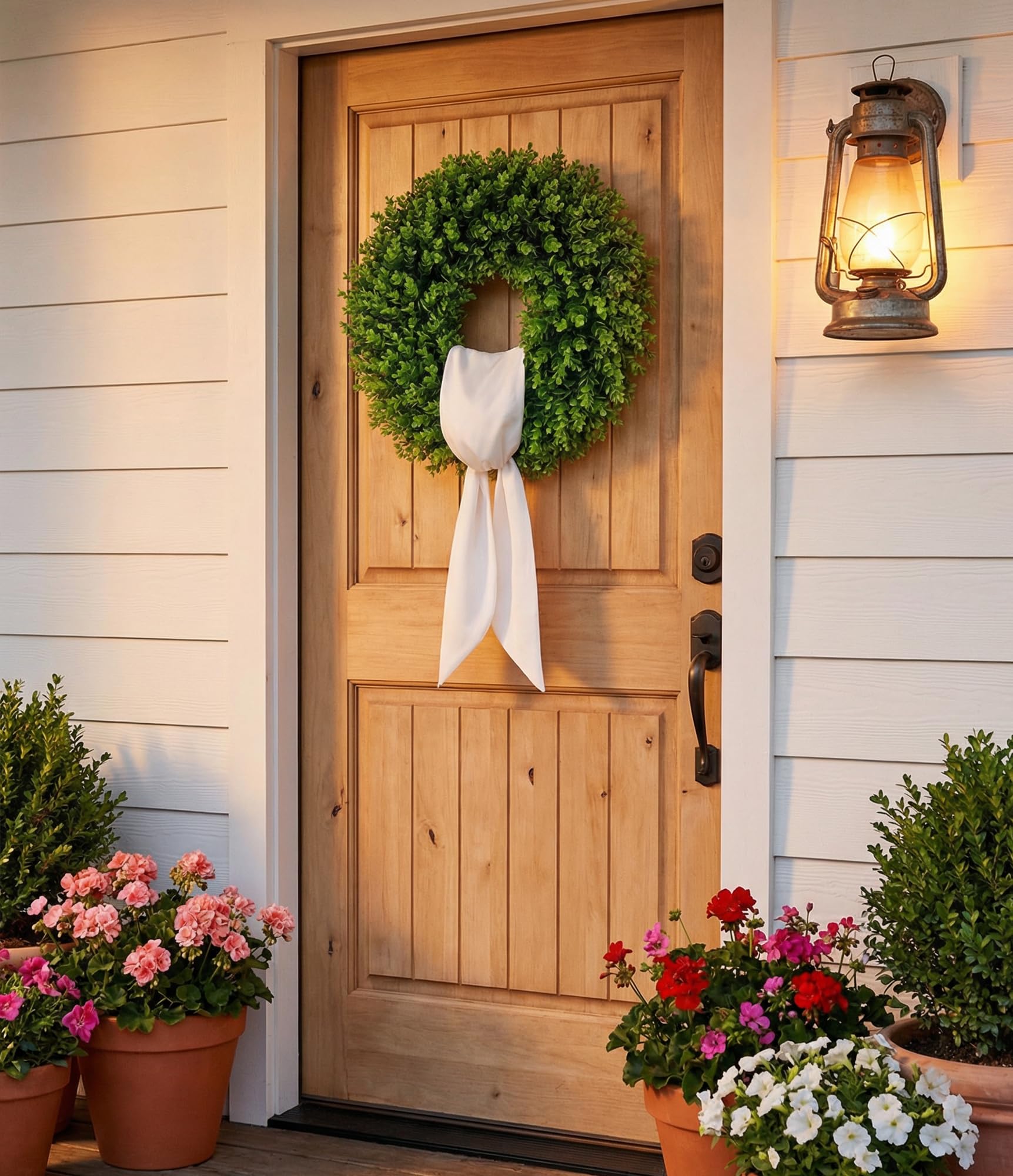 IDOGliitte boxwood wreath unfolds to full diameter after fluffing.
