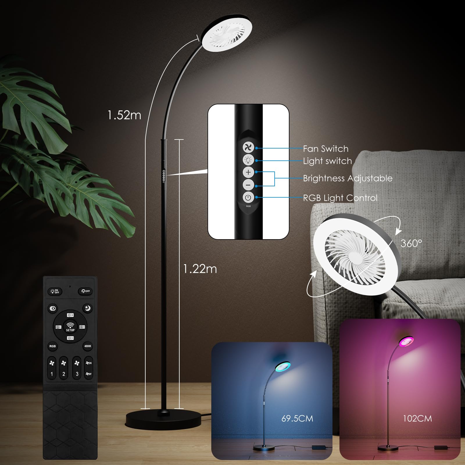 IDOGLOME remote-control pedestal fan enables easy adjustments from seating positions.