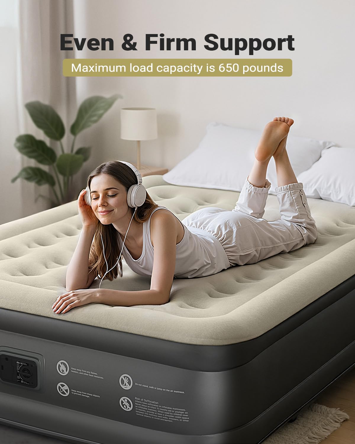 iDOO air mattress queen supports up to 650 pounds.