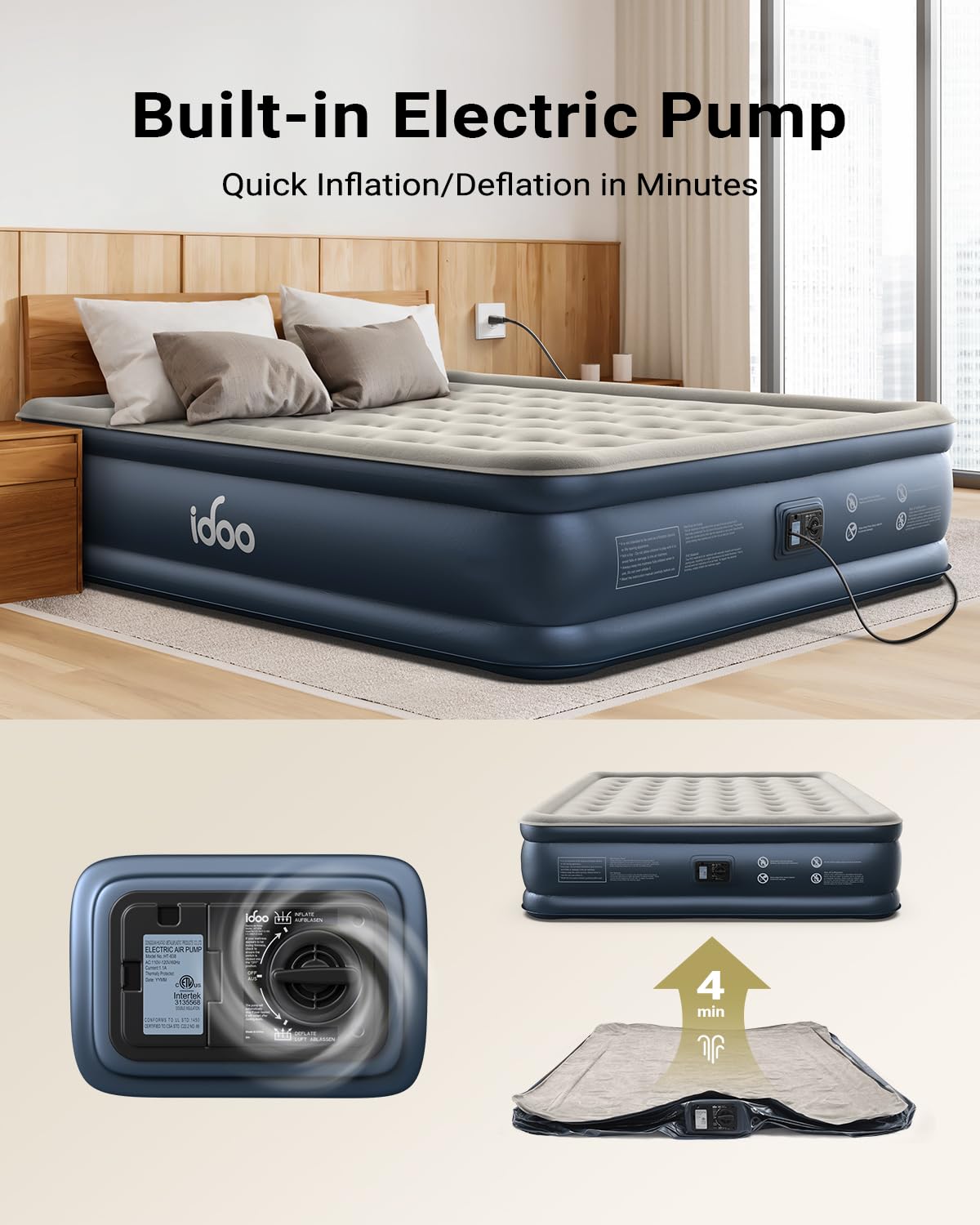 iDOO Cal King air mattress four-chamber design for stable support