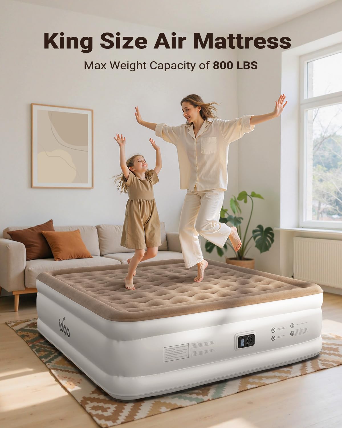 iDOO King Size Air Mattress shows 20-inch raised height for easy entry