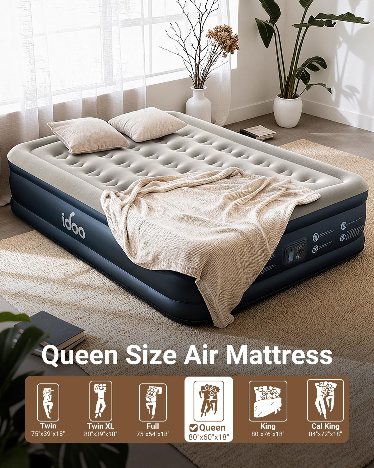 iDOO Queen air mattress supports up to 650 lbs for guests and camping