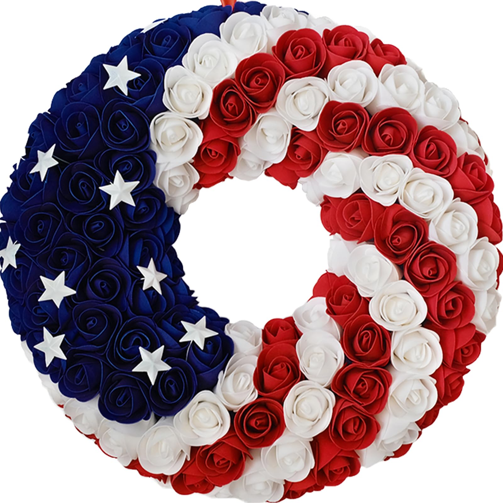 Idyllic 20in patriotic wreath with roses and stars for vibrant exterior decor.