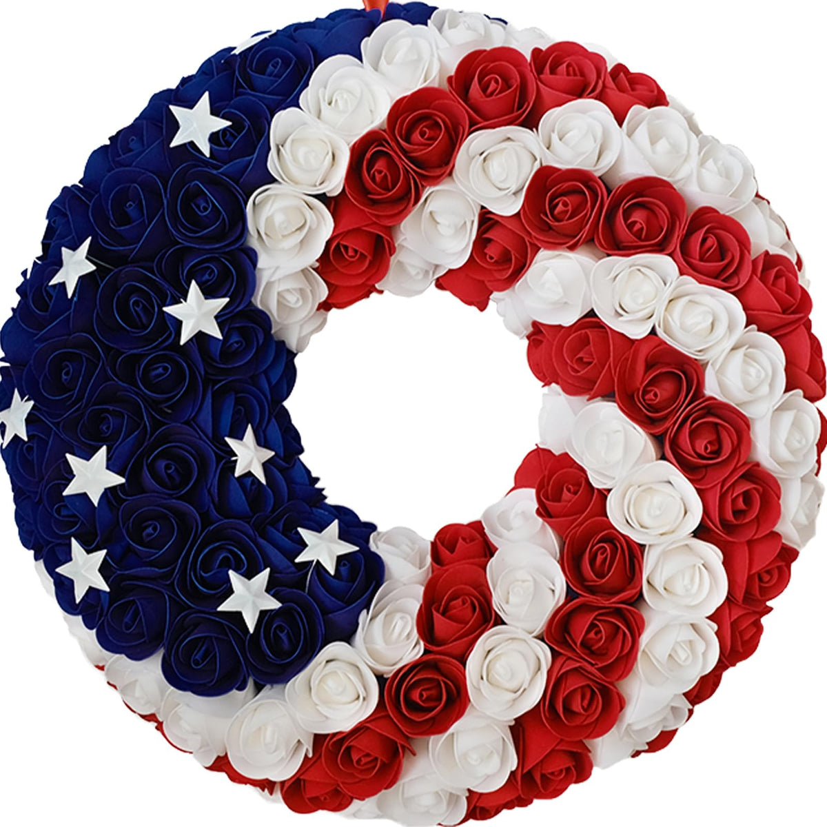 Idyllic 20in patriotic wreath with roses and stars for vibrant exterior decor.