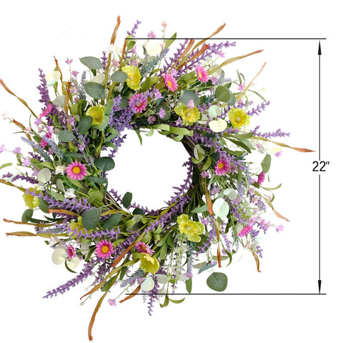 Idyllic 20-inch daisy wreath adds vibrant color to patios and entryways.