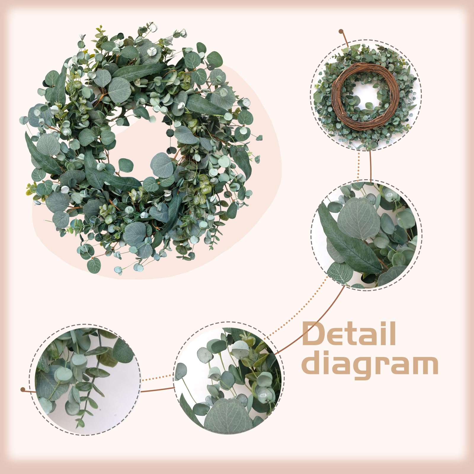Idyllic 22-inch Eucalyptus Wreath closeup highlights soft, textured leaves for natural charm.